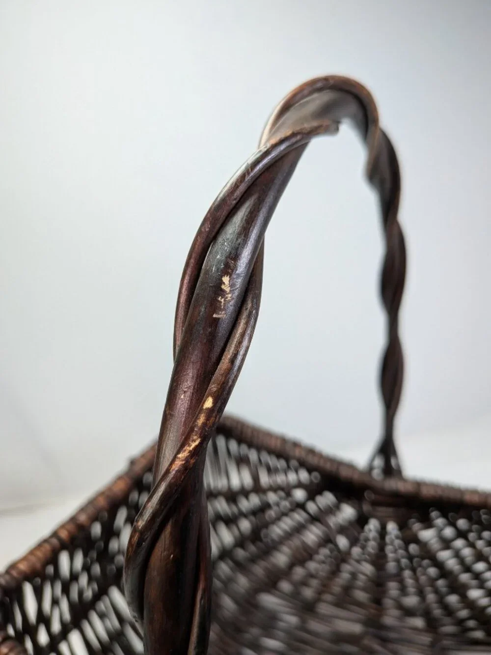 VTG Dark Espresso Wicker Basket Set of 2 High Twisted Handle Gathering Basket